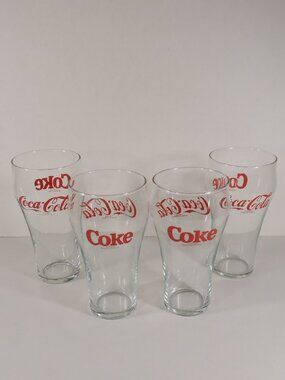 4 Vintage Coca-Cola Coke 10 Oz Glasses with Red Lettering - 6" Tall